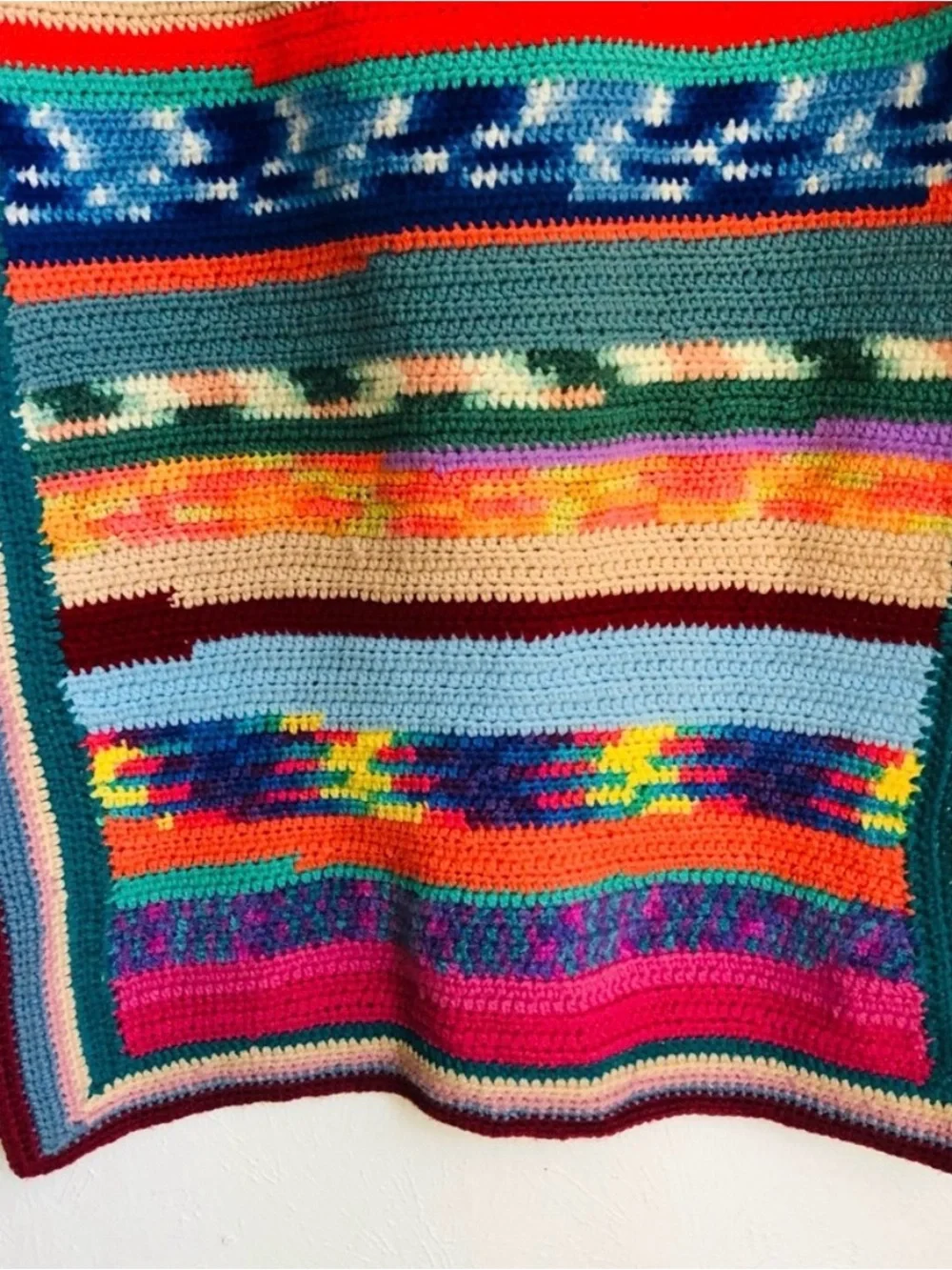 Vintage Boho Hippie Handmade Colorful Crochet Afghan Throw Blanket